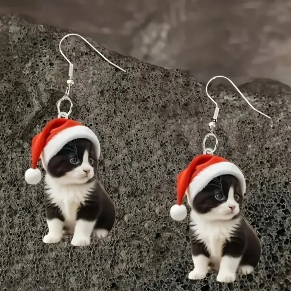 Festive Cat Earrings with Santa Hat - Picture 1 of 1